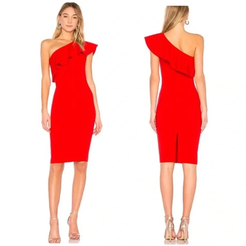 Revolve Likely Red Ruffle One Shoulder Knee Length Cocktail Dress in Red Size 6